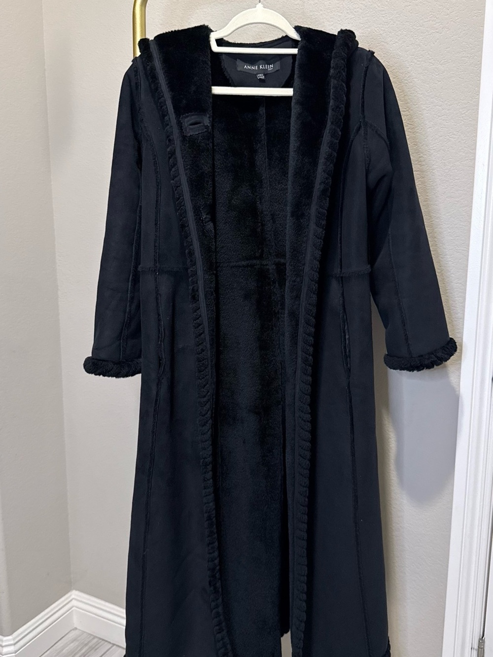 Anne Klein Black Faux-Suede Long Hooded Robe with Plush Lining